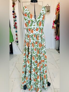 Floral V-Neck Maxi Dress in Orange & Light Blue